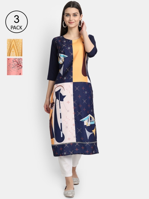 

Ethnic basket Women Pack of 3 Digital Printed Straight Kurtas, Blue
