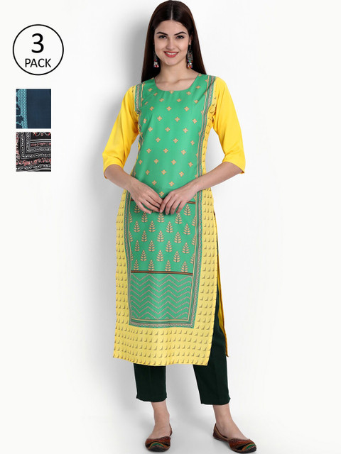 

Ethnic basket Women Pack Of 3 Straight Kurtas, Green