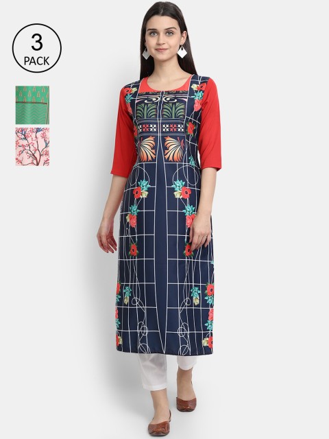 

Ethnic basket Women Pack of 3 Navy Blue & Green Geometric Printed Crepe Kurtas