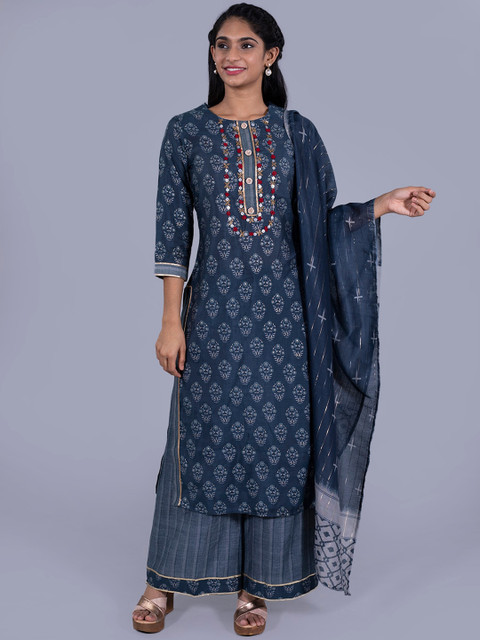 

taruni Women Blue Printed Layered Beads & Stones Pure Silk Kurta with Palazzos & Dupatta
