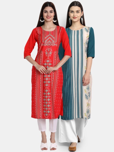 

Ethnic basket Women Pack Of 2 Multicoloured Ethnic Motifs Printed Crepe Kurta, Multi