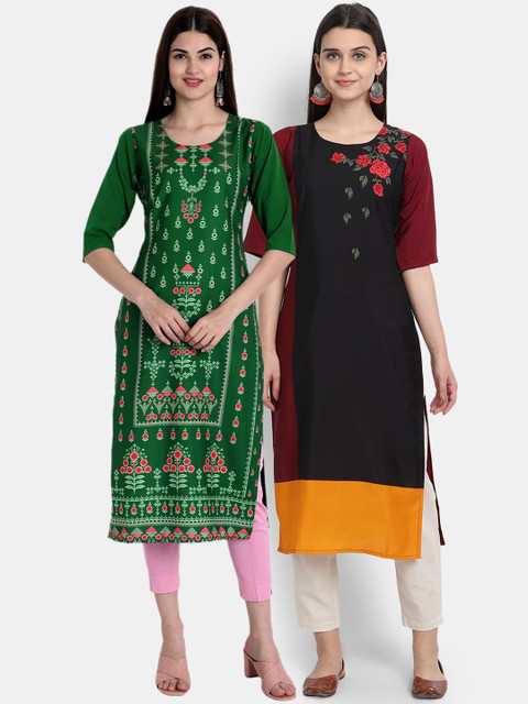 

Ethnic basket Women Green & Black Printed Crepe Kurta Pack Of 2