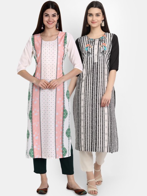 

Ethnic basket Women White & Black Pack Of 2 Striped Crepe Kurta