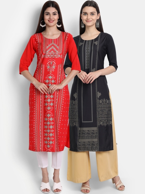 

Ethnic basket Women Red & Black Geometric Printed Crepe Kurta