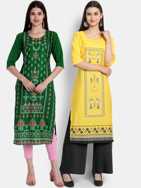 

Ethnic basket Women Pack Of 2 Multicoloured Ethnic Motifs Printed Crepe Kurta, Multi