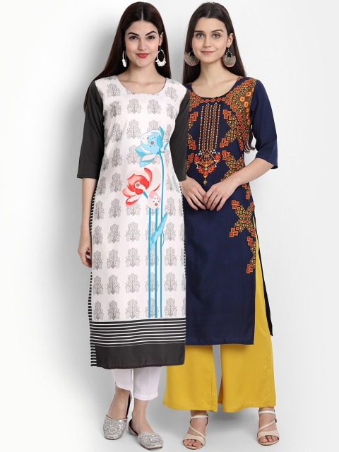 

Ethnic basket Women White & Navy Blue Floral Printed Crepe Kurta Pack Of 2