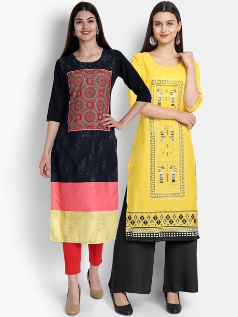 

Ethnic basket Women Black & Yellow Ethnic Motifs Printed Crepe Kurta