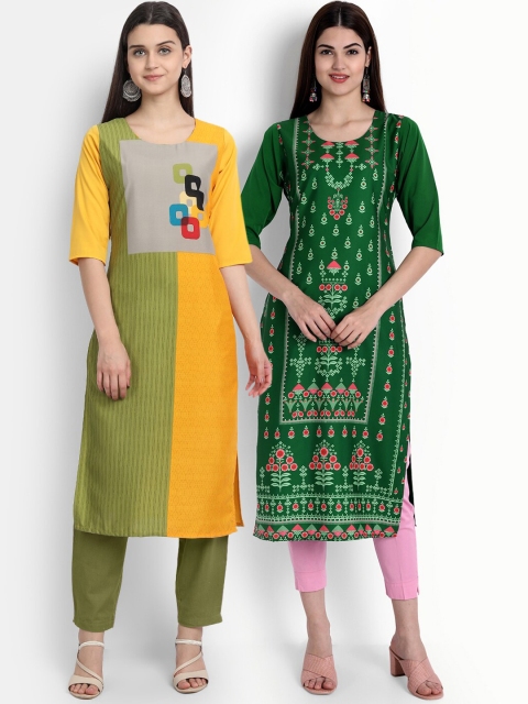 

Ethnic basket Women Yellow & Green Printed Crepe Kurta