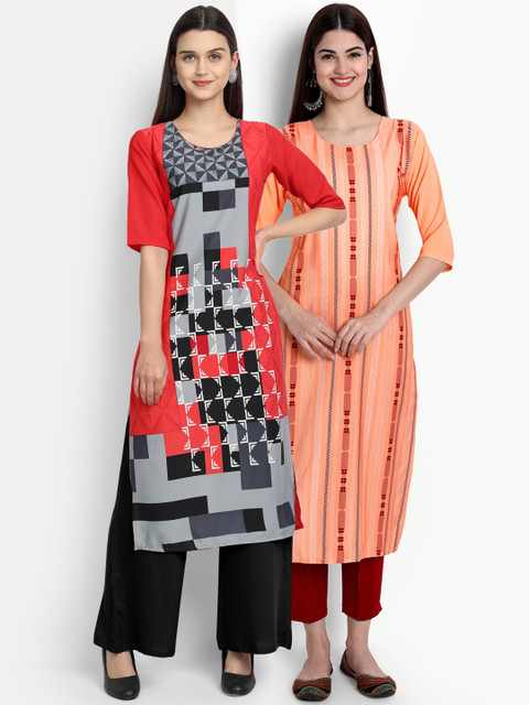 

Ethnic basket Women Red & Peach-Coloured Geometric Printed Crepe Kurta