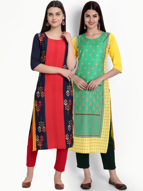 

Ethnic basket Women Pack of 2 Printed Crepe Kurta, Green