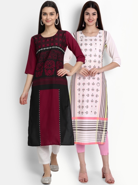 

Ethnic basket Women Pack Of 2 Multicoloured Ethnic Motifs Printed Crepe Kurta, Multi