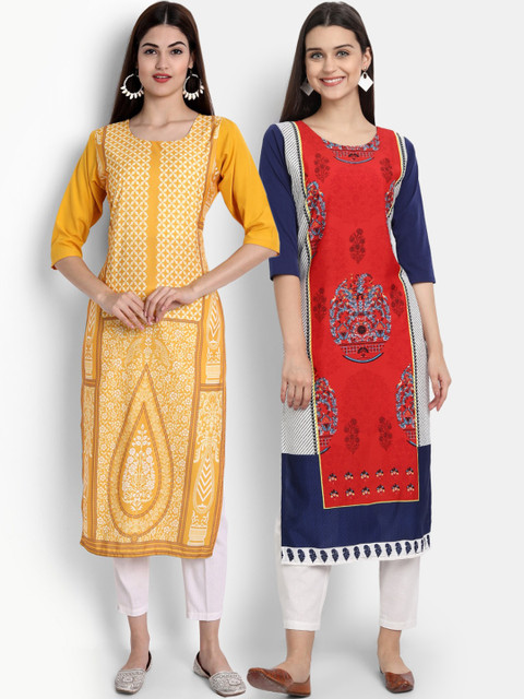 

Ethnic basket Women Mustard Yellow & Red Pack Of 2 Ethnic Motifs Printed Kurta