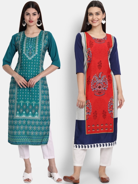 

Ethnic basket Pack Of 2 Teal & Red Ethnic Motifs Printed Crepe Kurta
