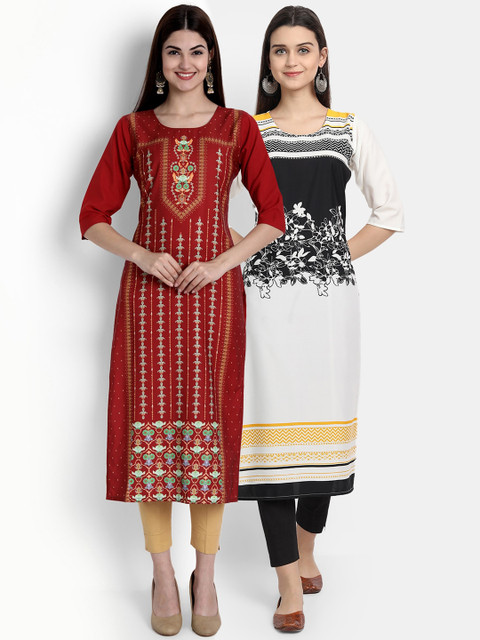 

Ethnic basket Women Multicoloured Floral Embroidered Thread Work Crepe Kurta, Multi