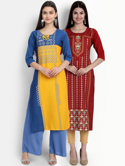 

Ethnic basket Women Yellow & Maroon Pack Of 2 Ethnic Motifs Printed Crepe Kurta