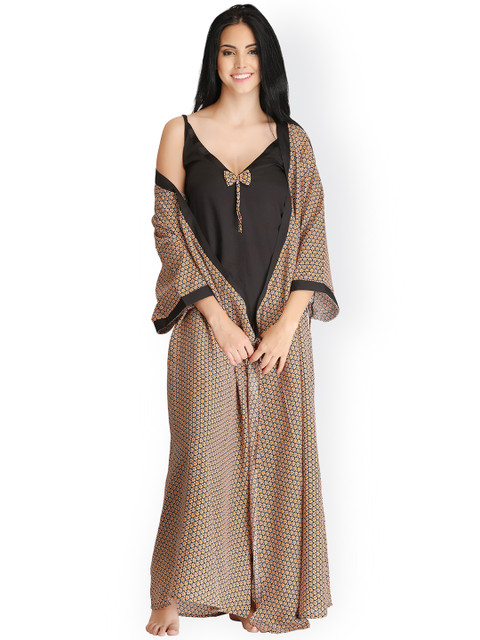 

Clovia Black & Beige Printed Nightdress with Robe NS0744P13XL