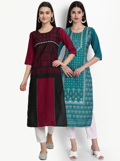 

Ethnic basket Women Maroon & Teal Ethnic Motifs Printed Crepe Kurta