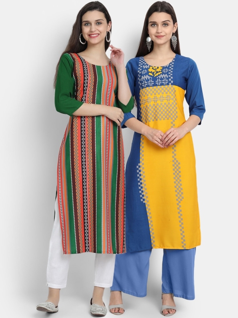 

Ethnic basket Women Green & Yellow Geometric Printed Crepe Kurta Pack Of 2