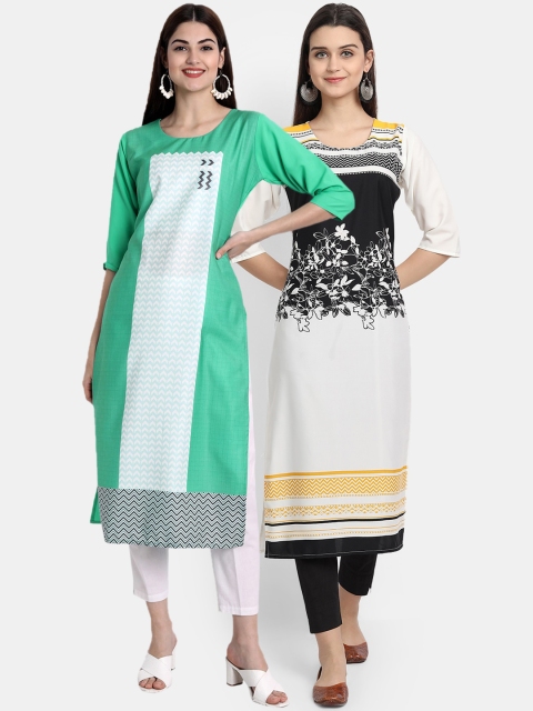 

Ethnic basket Women Green & White Floral Printed Crepe Kurta