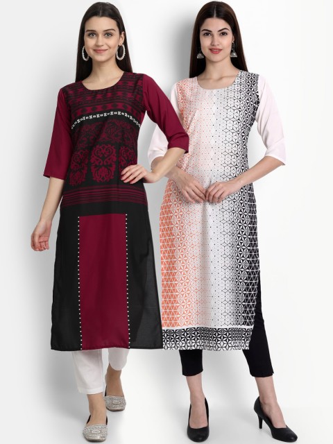 

Ethnic basket Women Pack of 2 Maroon & White Ethnic Motifs Printed Crepe Kurtas