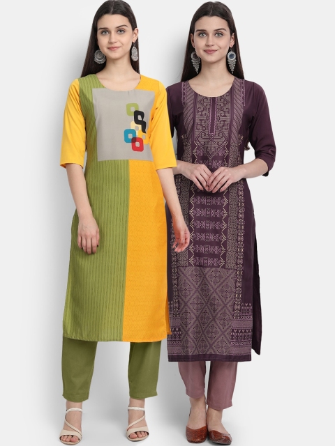 

Ethnic basket Women Pack of 2 Yellow & Brown Ethnic Motifs Printed Crepe Kurtas