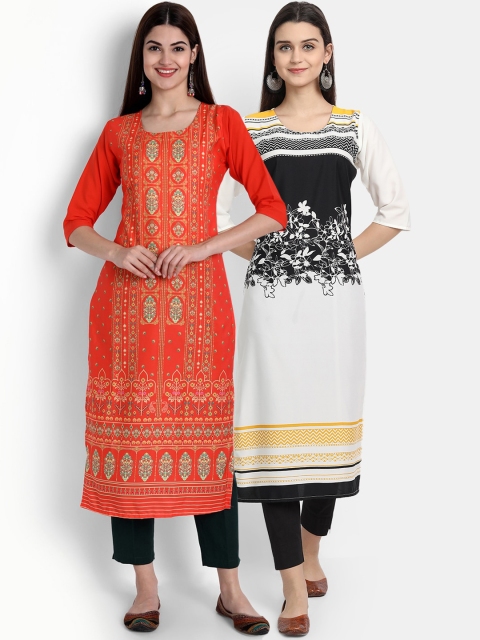 

Ethnic basket Women Pack of 2 Orange & White Floral Printed Crepe Kurtas