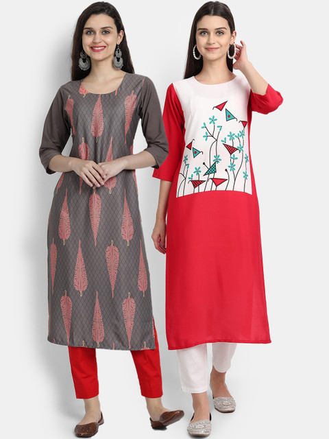 

Ethnic basket Women Pack of 2 Floral Printed Crepe Kurta, Grey