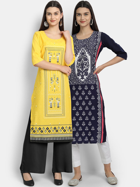 

Ethnic basket Women Yellow & Navy Blue Ethnic Motifs Printed Crepe Kurta Pack Of 2