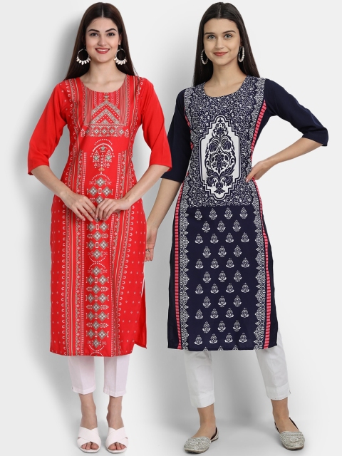 

Ethnic basket Women Red & Navy Blue Ethnic Motifs Printed Crepe Kurta Pack Of 2