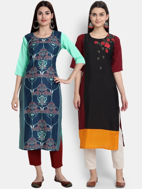 

Ethnic basket Women Pack Of 2 Multicoloured Ethnic Motifs Printed Crepe Kurta, Multi