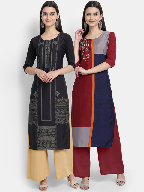 

Ethnic basket Women Pack Of 2 Straight Kurtas, Black