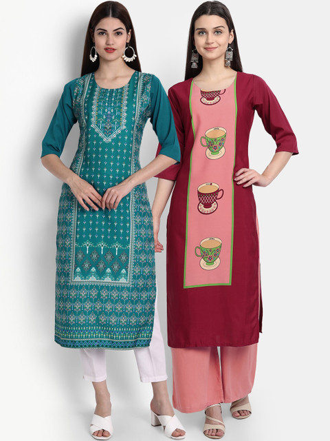 

Ethnic basket Women Teal & Maroon Pack Of 2 Ethnic Motifs Printed Crepe Kurta