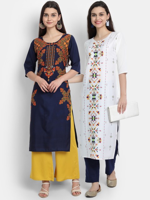 

Ethnic basket Women Multicoloured Floral Embroidered Thread Work Crepe Kurta, Multi