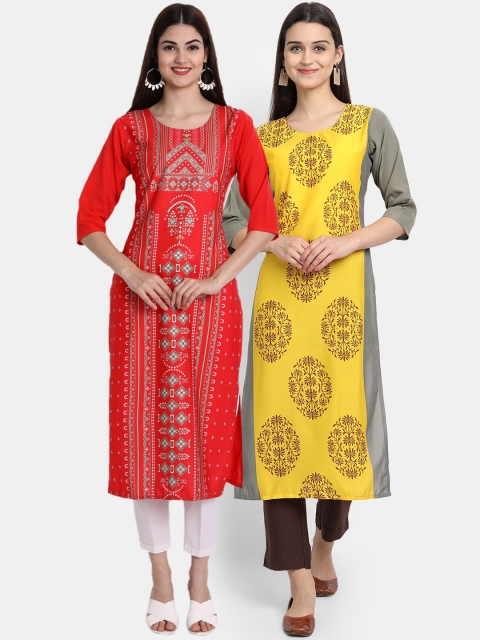 

Ethnic basket Women Red & Yellow Ethnic Motifs Printed Crepe Kurta