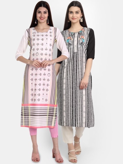 

Ethnic basket Women Pack of 2 Multicoloured Striped Thread Work Crepe Kurta, Multi