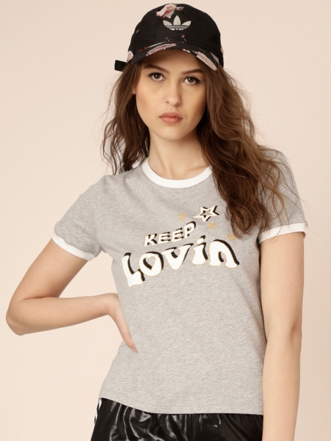 

Tommy Hilfiger by Gigi Hadid Women Grey Melange Printed Round Neck T-shirt