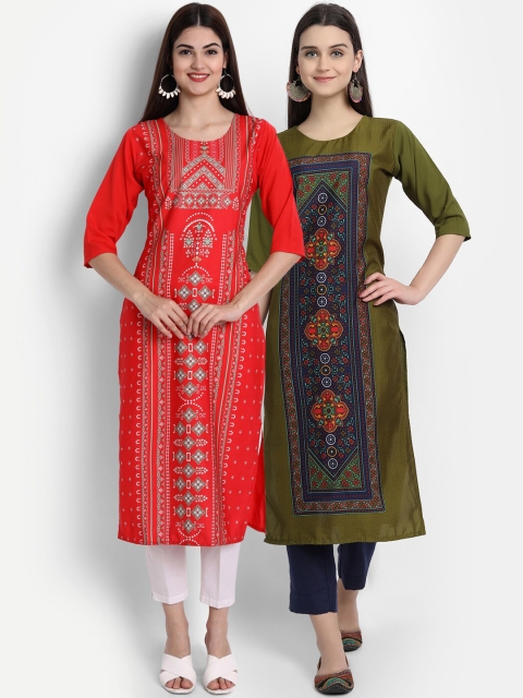 

Ethnic basket Women Red & Green Ethnic Motifs Printed Thread Work Crepe Kurta