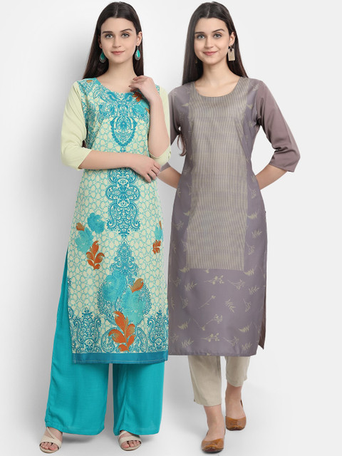 

Ethnic basket Women Green & Grey Ethnic Motifs Printed Crepe Kurta Pack Of 2