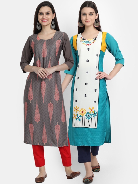 

Ethnic basket Women Grey & Teal Floral Printed Crepe Kurta