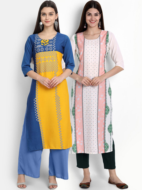 

Ethnic basket Women Pack of 2 Ethnic Motifs Printed Crepe Kurta, Mustard