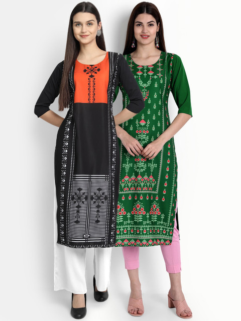 

Ethnic basket Women Pack Of 2 Multicoloured Ethnic Motifs Printed Crepe Kurta, Multi
