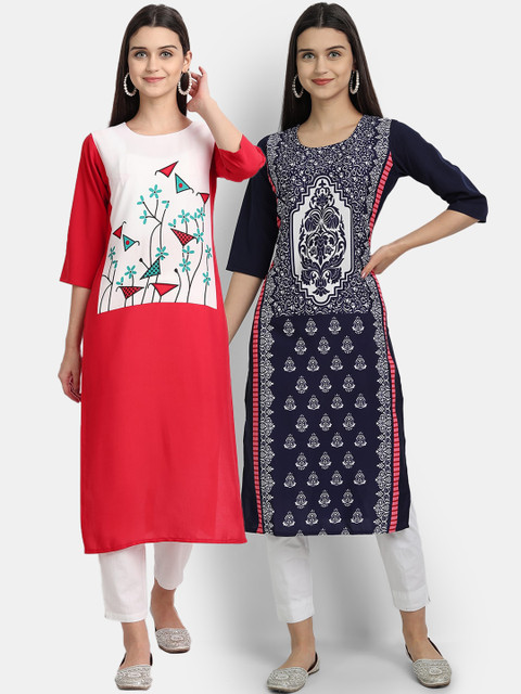

Ethnic basket Women Pack Of 2 Multicoloured Ethnic Motifs Printed Crepe Kurta, Multi