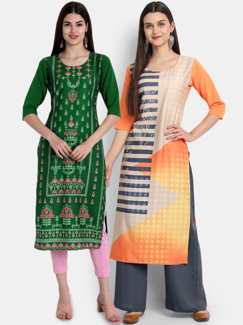 

Ethnic basket Women Pack of 2 Ethnic Motifs Printed Crepe Kurta, Green