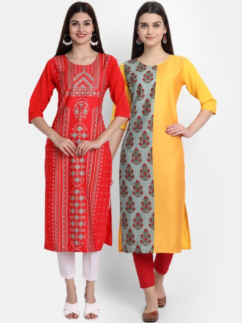 

Ethnic basket Women Red & Yellow Ethnic Motifs Printed Crepe Kurta Pack Of 2