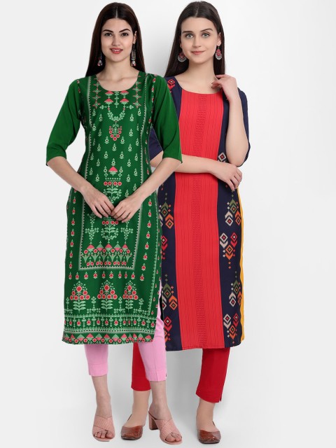 

Ethnic basket Women Pack Of 2 Green & Red Floral Printed Crepe Kurta