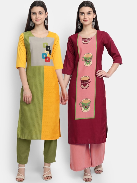 

Ethnic basket Women Pack of 2 Multicoloured Colourblocked Thread Work Crepe Kurta, Multi