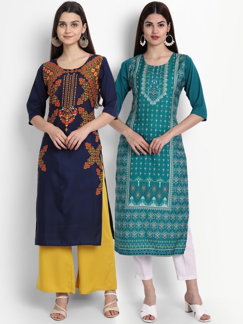 

Ethnic basket Women Multicoloured Floral Embroidered Thread Work Crepe Kurta, Multi