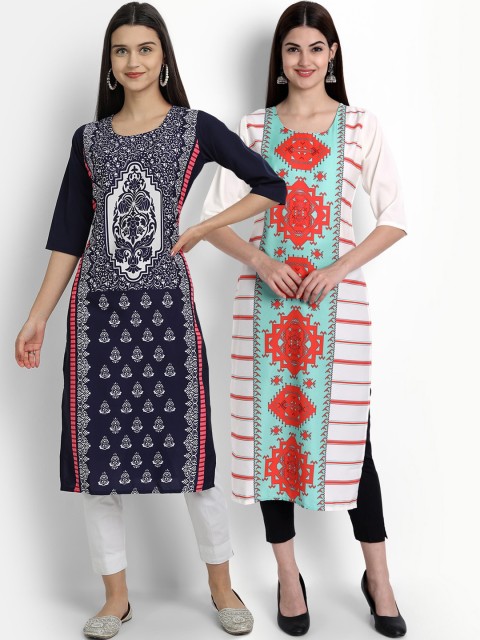 

Ethnic basket Women Navy Blue & White Ethnic Motifs Printed Crepe Kurta