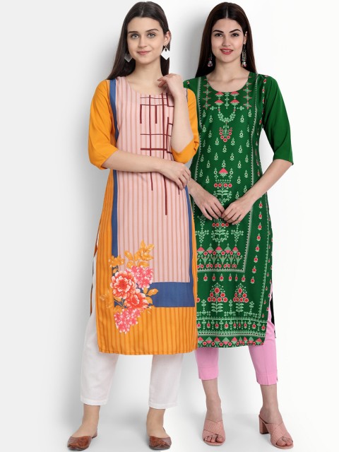 

Ethnic basket Women Pack of 2 Digital Printed Straight Kurtas, Mustard