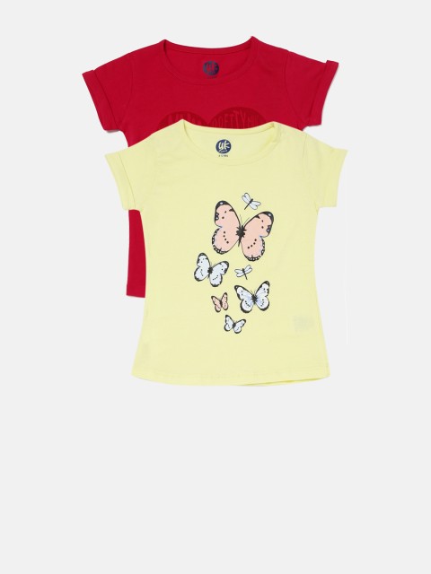 

YK Girls Pack of 2 Printed Round Neck Pure Cotton T-shirts, Yellow
